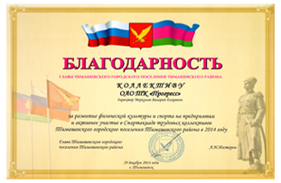 Благодарность главы Тимашевского городского поселения